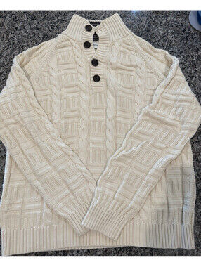 Banana Republic Men's L Cable Knit Sweater Ivory 100% Cotton Button Mock Neck